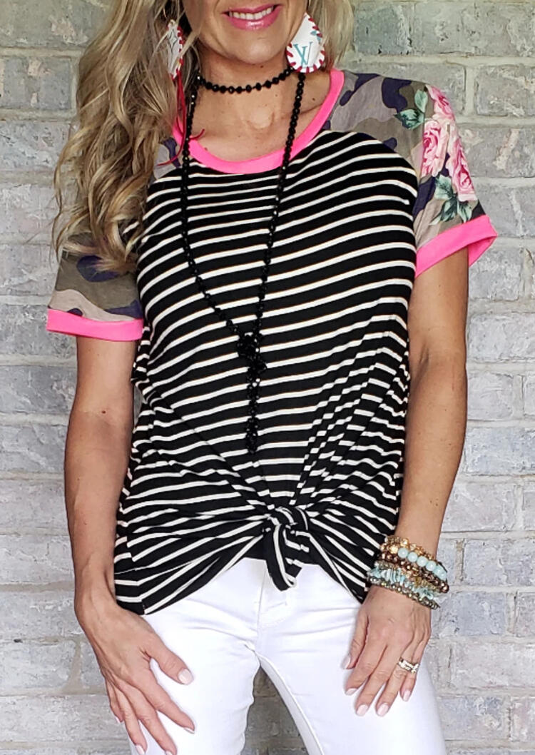 Floral Striped Camouflage Printed T-Shirt Tee without Necklace
