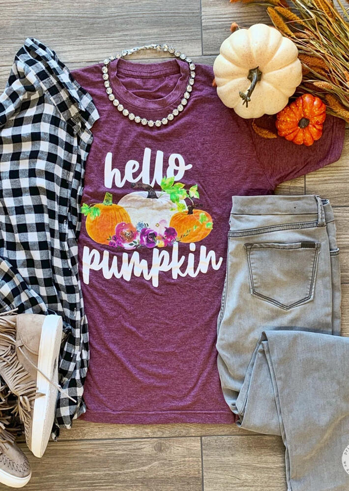 Floral Hello Pumpkin T-Shirt Tee - Purple