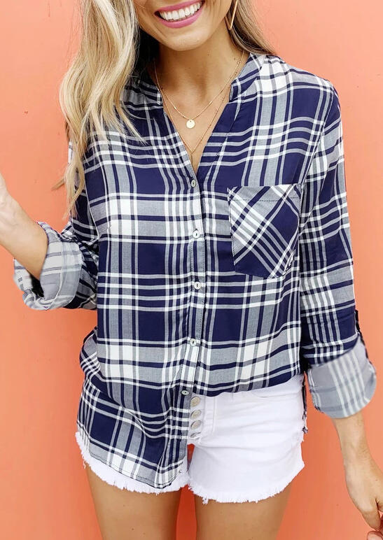 Plaid Pocket Turn-Down Collar Shirt without Necklace - Navy Blue