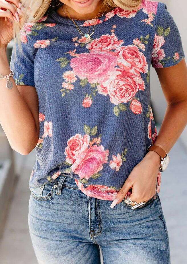 Floral O-Neck T-Shirt Tee without Necklace - Blue