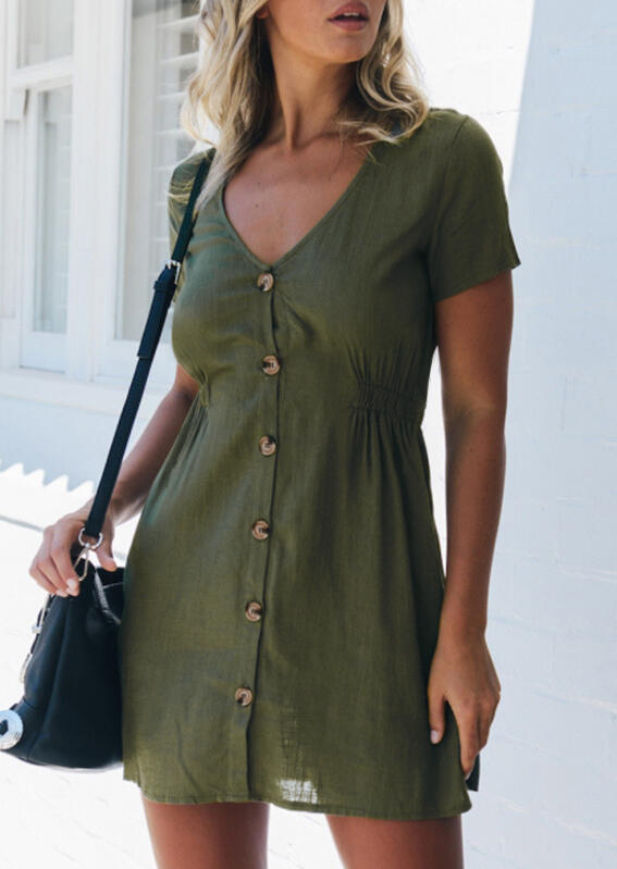 Solid Ruffled Button Mini Dress - Army Green