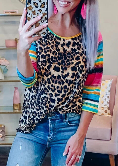 

Leopard Serape Striped Splicing T-Shirt Tee, Multicolor, 454330