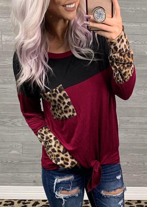 Leopard Color Block Splicing Pocket Tie Blouse - Burgundy