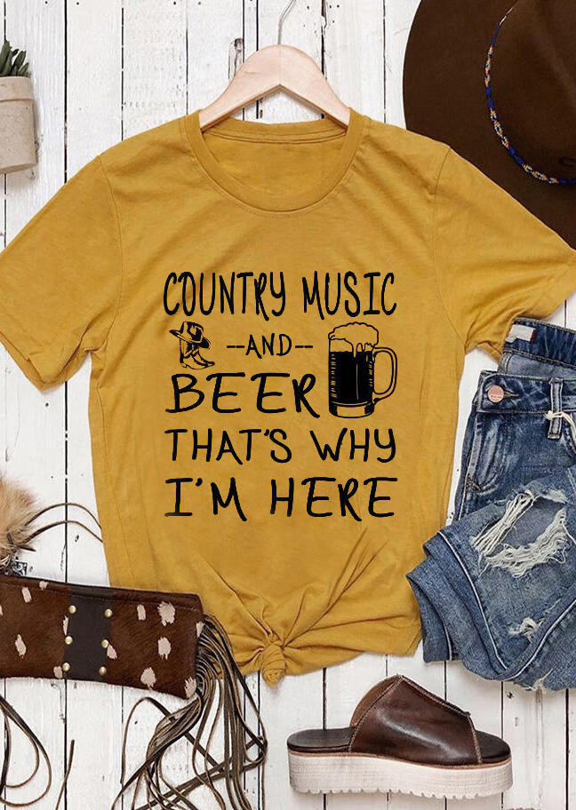 Country Music And Beer T-Shirt Tee - Yellow