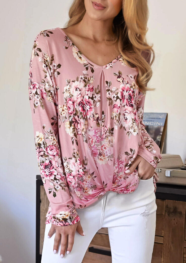 Floral Ruffled Twist V-Neck Blouse - Pink