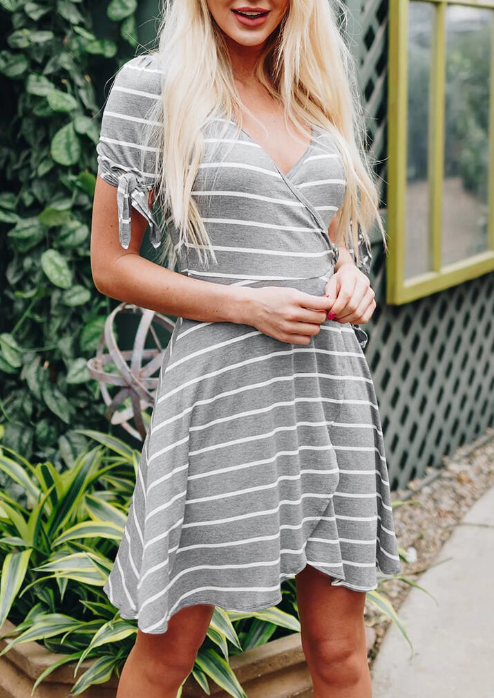 Striped Wrapped Tie V-Neck Casual Dress - Gray