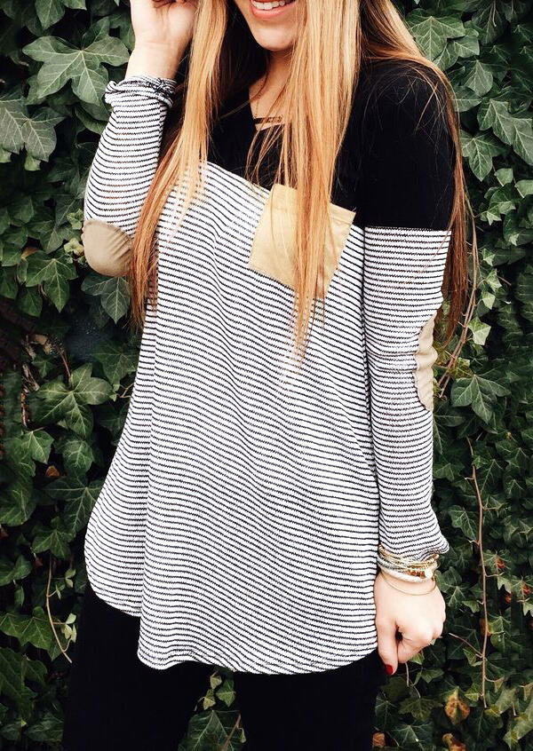 Striped Color Block Pocket O-Neck Blouse