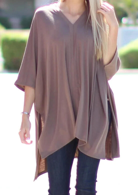 Solid Slit Irregular Blouse - Light Coffee