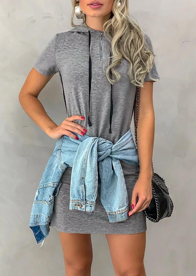 Drawstring Hooded Mini Dress - Gray