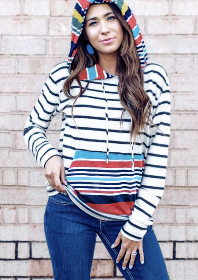 Striped Splicing Drawstring Pocket Hoodie - White