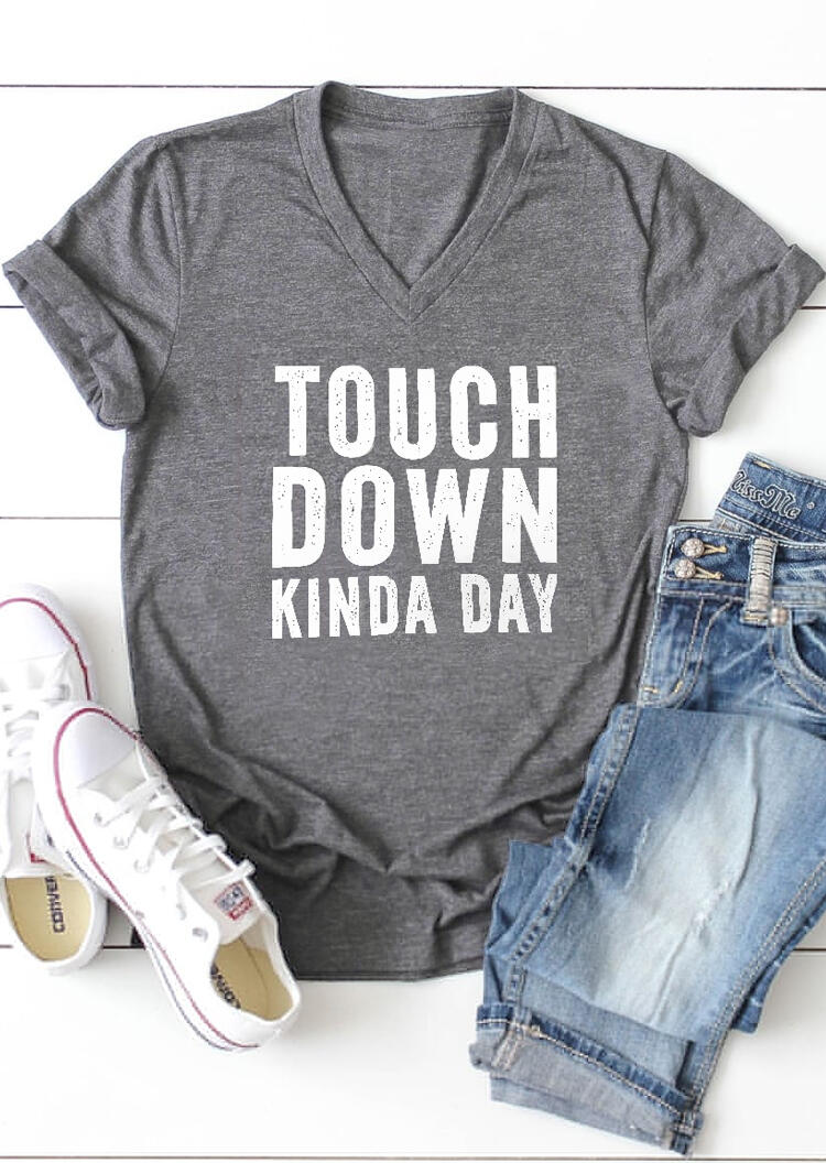 Touch Down Kinda Day V-Neck T-Shirt Tee - Gray