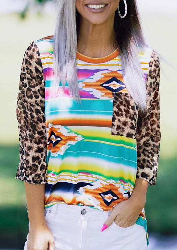 Leopard Aztec Geometric Printed T-Shirt Tee - Multicolor