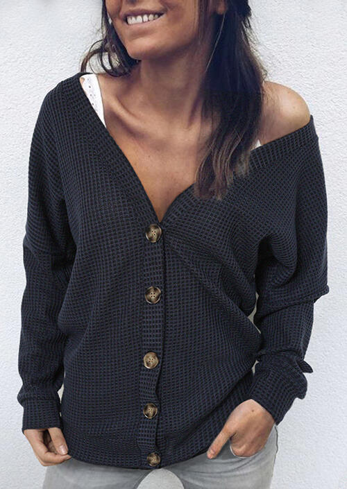 Solid Button Long Sleeve Blouse without Necklace - Black