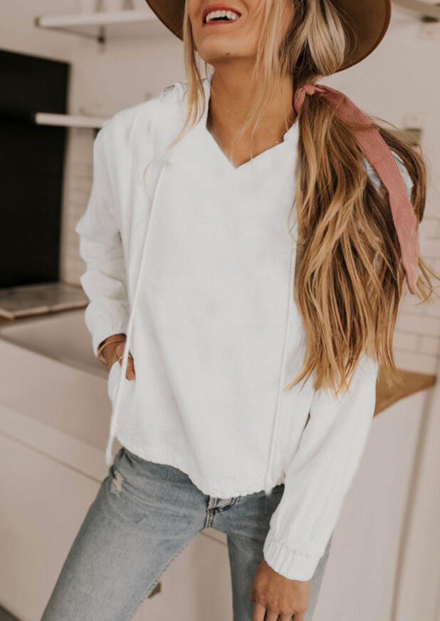 Solid Pocket V-Neck Long Sleeve Hoodie - White