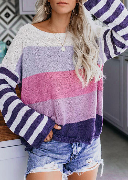 Striped Color Block Long Sleeve Sweater without Necklace - Purple