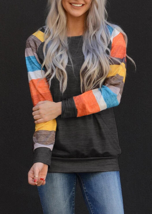 

Color Block Striped O-Neck Blouse - Dark Grey, Gray, 454869