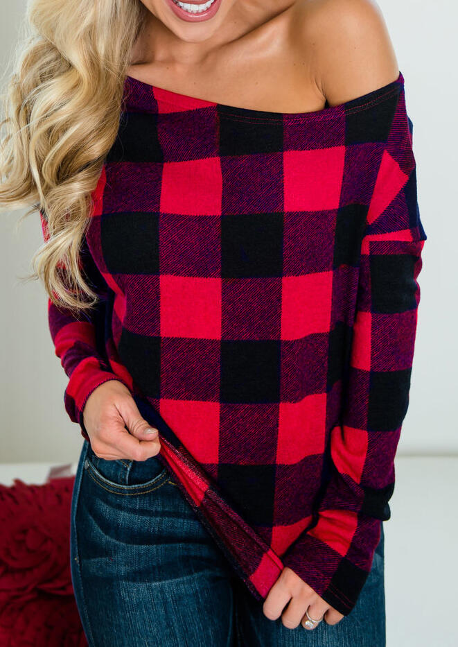 Cozy and Soft Checkered Off Shoulder Blouse - Red