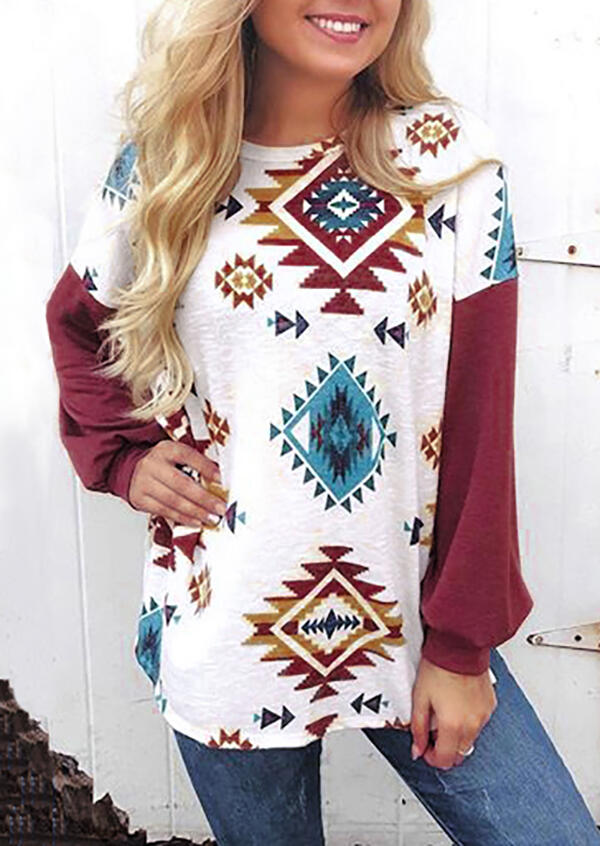 

Aztec Geometric Long Sleeve T-Shirt Tee - White, 454710