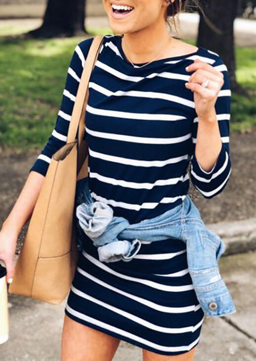 Striped O-Neck Mini Dress without Necklace