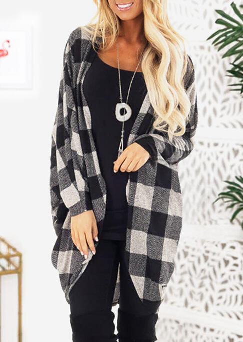 Plaid Long Sleeve Cardigan without Necklace - White