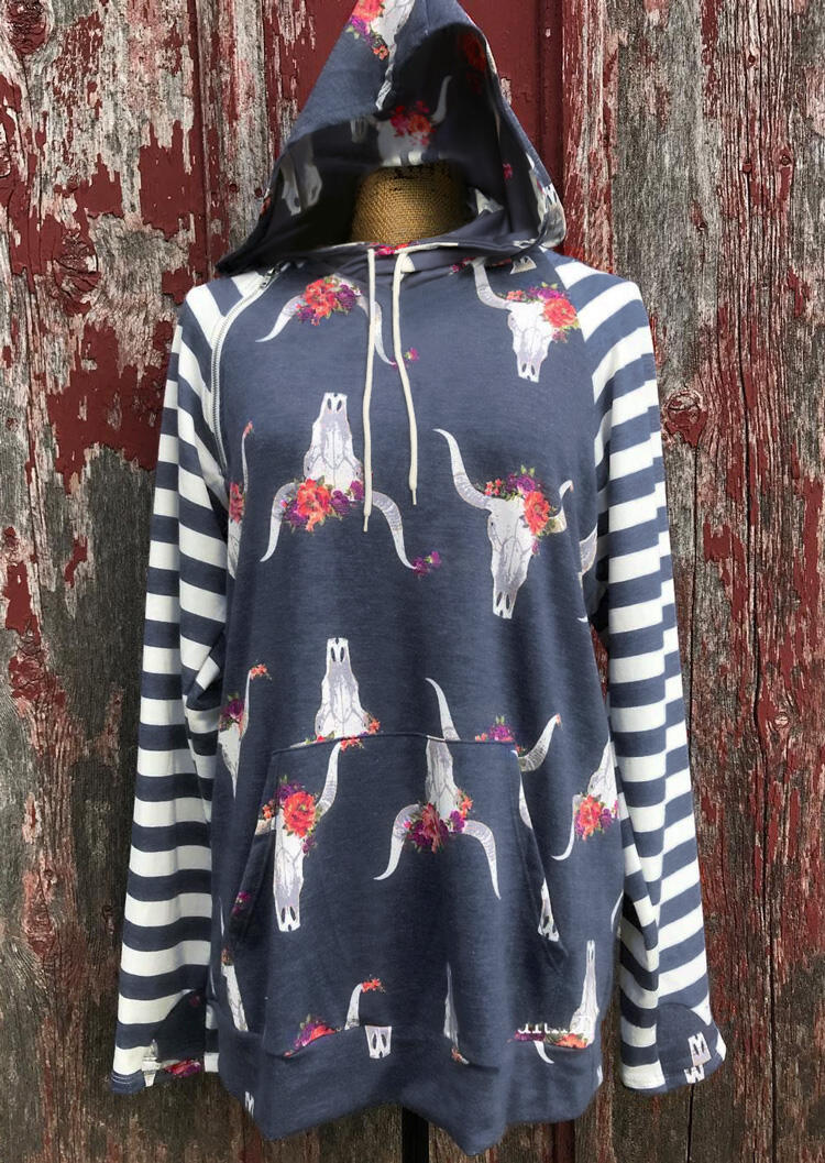 Floral Steer Skull Drawstring Kangaroo Pocket Hoodie - Dark Grey