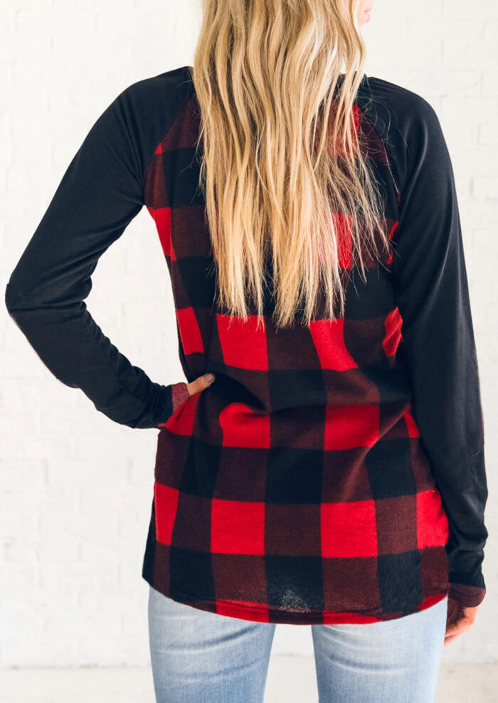 Plaid Splicing Long Sleeve T-Shirt Tee - Red