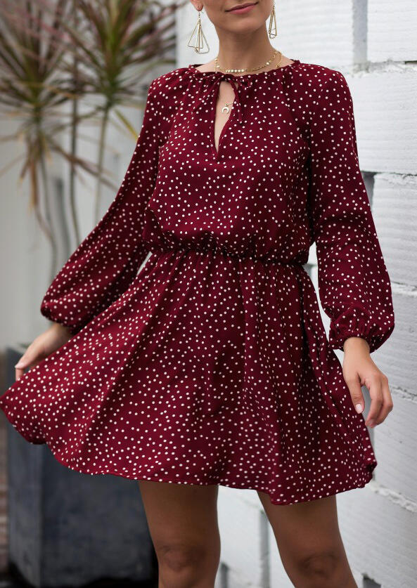 Polka Dot Hollow Out Mini Dress without Necklace - Red