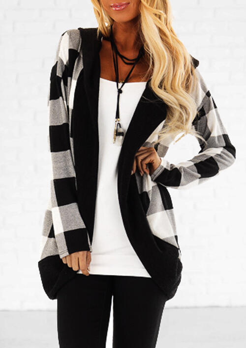 Plaid Splicing Long Sleeve Cardigan without Necklace