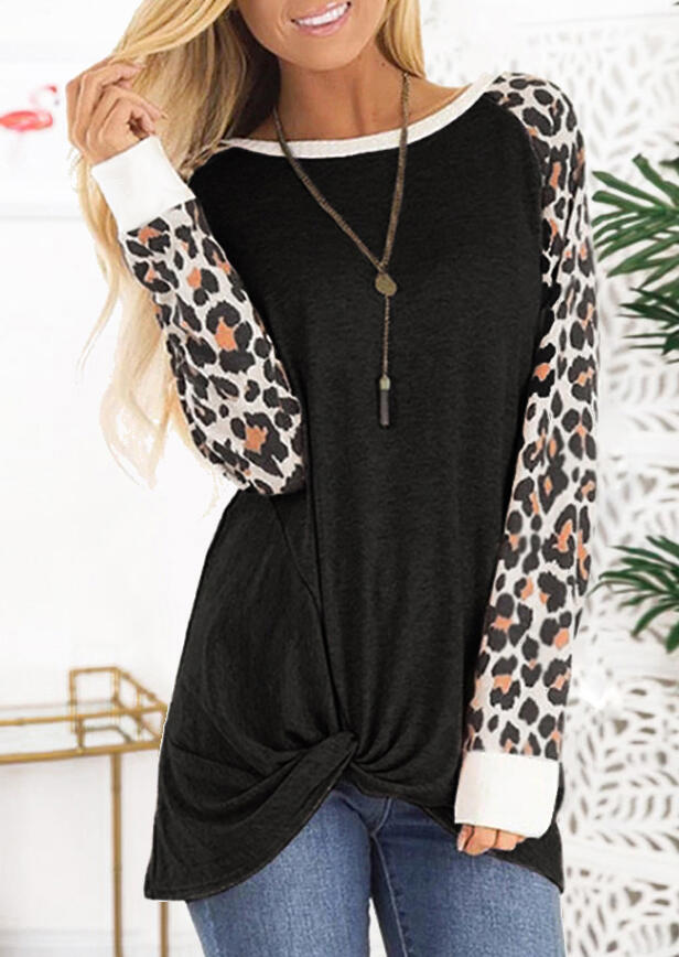 

Leopard Printed Twist Long Sleeve Blouse without Necklace - Black, 455475