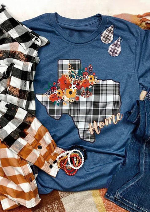 Texas Home Floral Plaid T-Shirt Tee - Blue