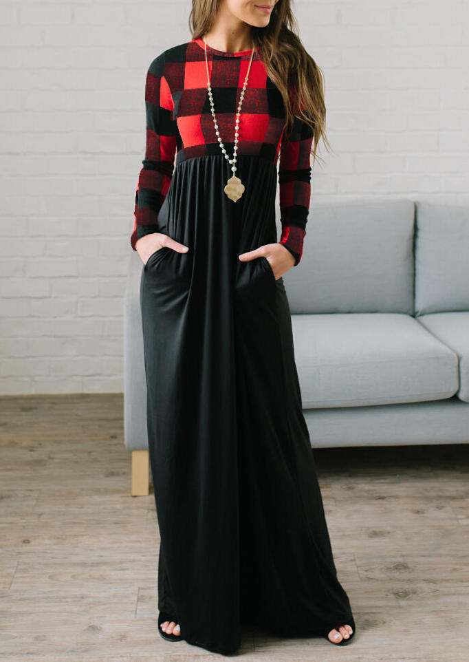 

Plaid Splicing Pocket Long Sleeve Maxi Dress without Necklace - Red, 455498