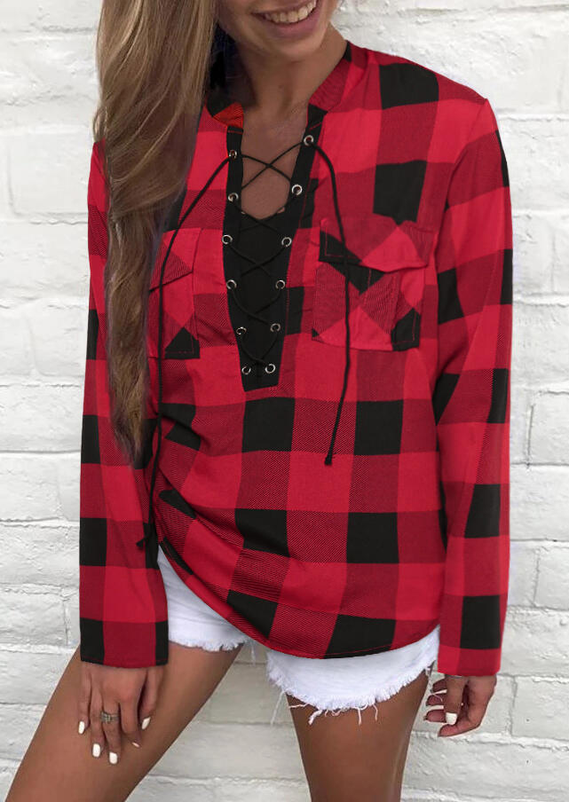 Plaid Pocket Lace Up Blouse - Red