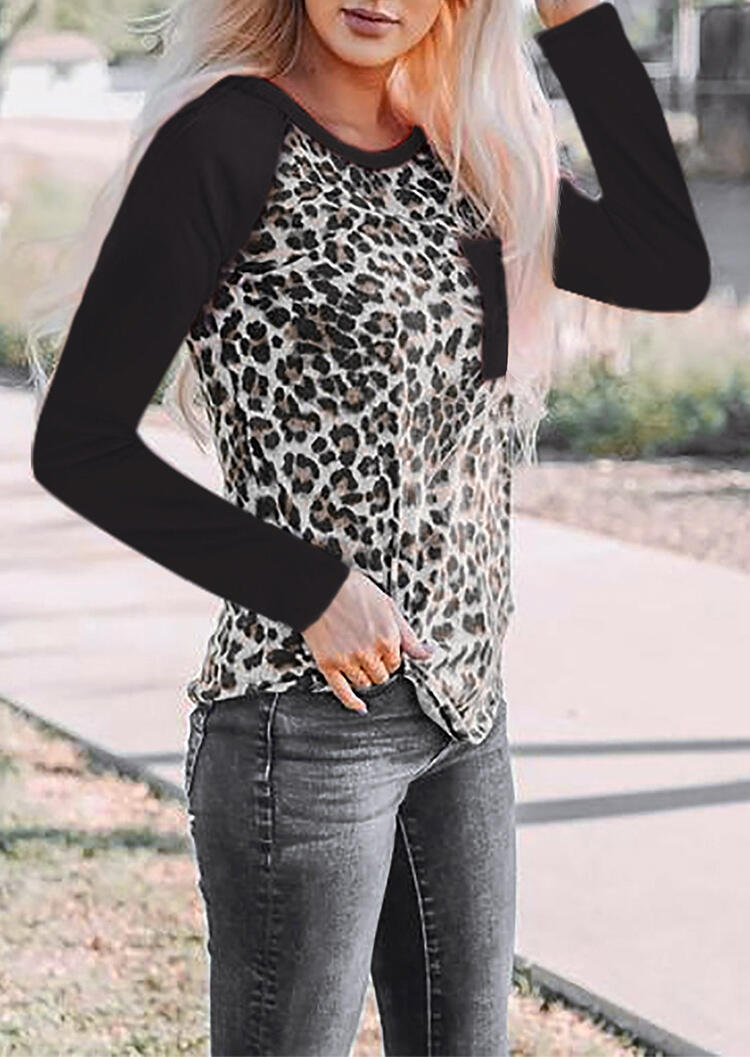 Leopard Printed Pocket Long Sleeve T-Shirt Tee - Black