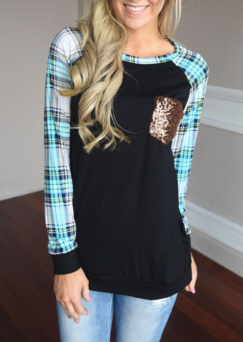 Plaid Splicing Sequined Pocket T-Shirt Tee - Black