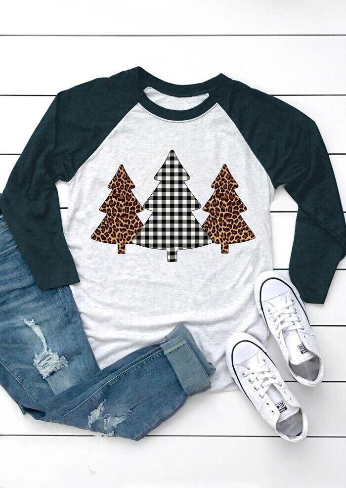 Christmas Trees Plaid Leopard Printed Baseball T-Shirt Tee - Light Grey