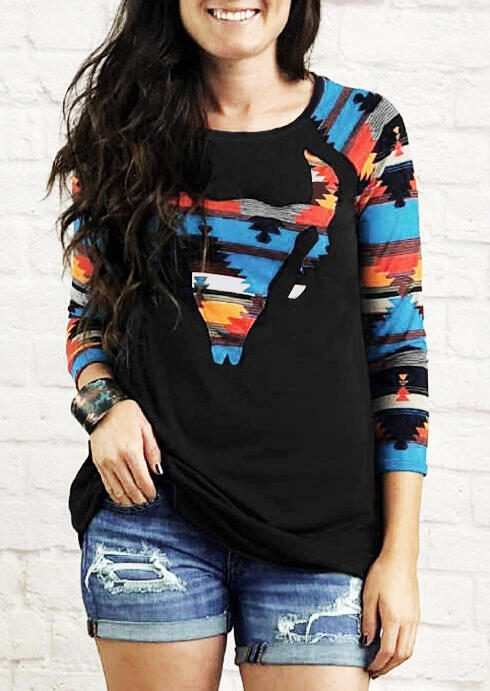 Steer Skull Aztec Geometric Printed T-Shirt Tee - Black
