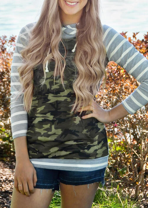 Camouflage Striped Printed Pocket Hoodie