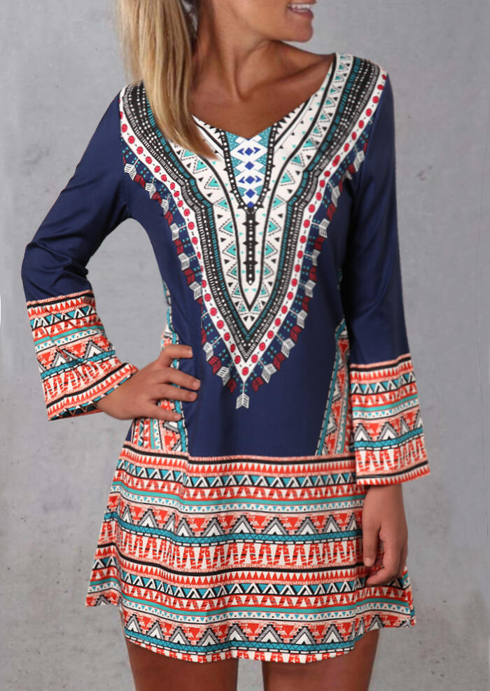 Aztec Geometric Printed Vintage Mini Dress - Blue