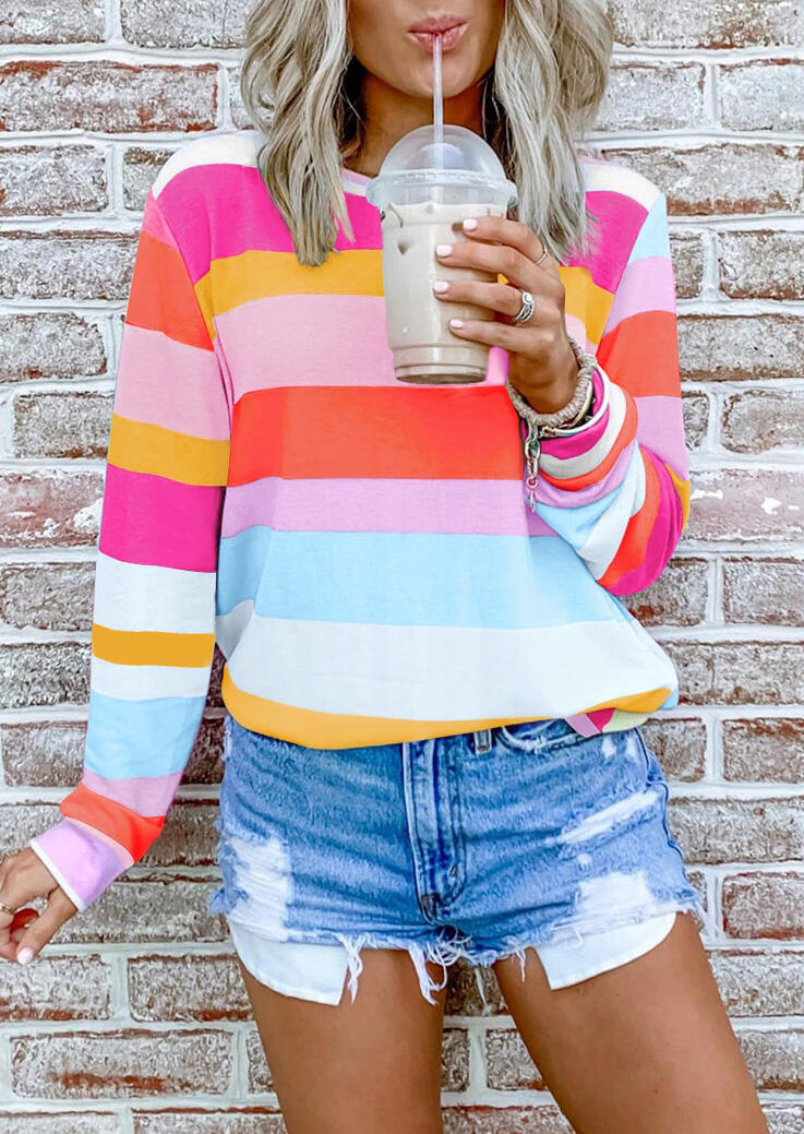 Striped Color Block O-Neck Blouse - Orange