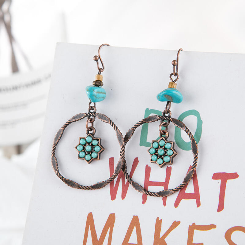 Turquoise Sun Flower Large Circle Pendant Earrings