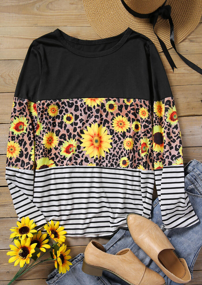 Sunflower Striped Splicing T-Shirt Tee - Black