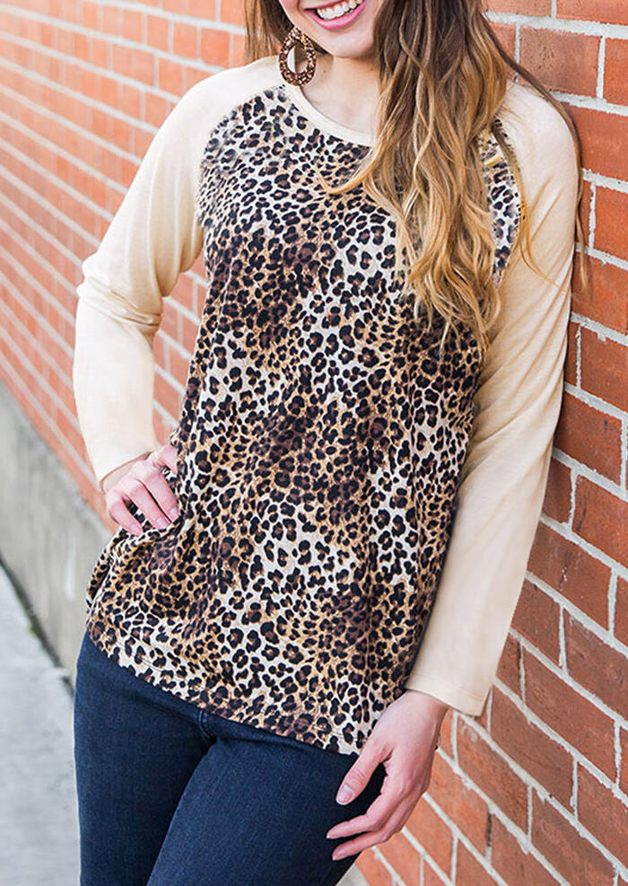 Leopard Printed Splicing T-Shirt Tee - Apricot