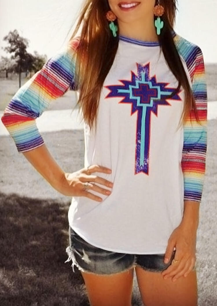 Colorful Striped O-Neck T-Shirt Tee - White