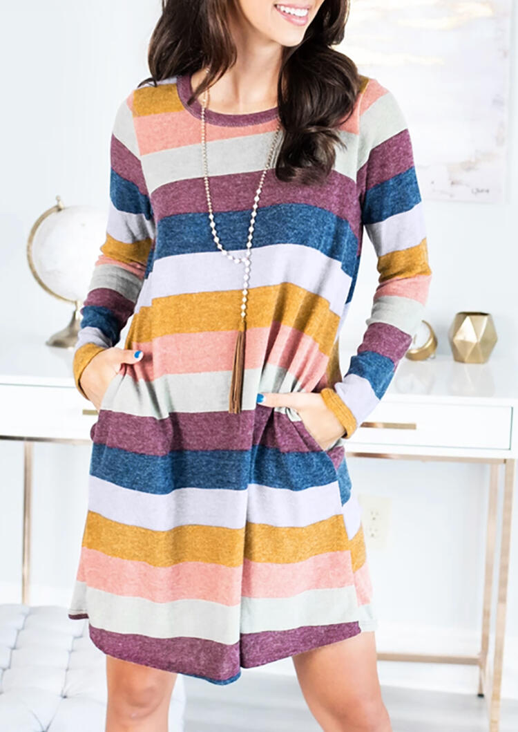 Colorful Striped Pocket Mini Dress without Necklace - Multicolor