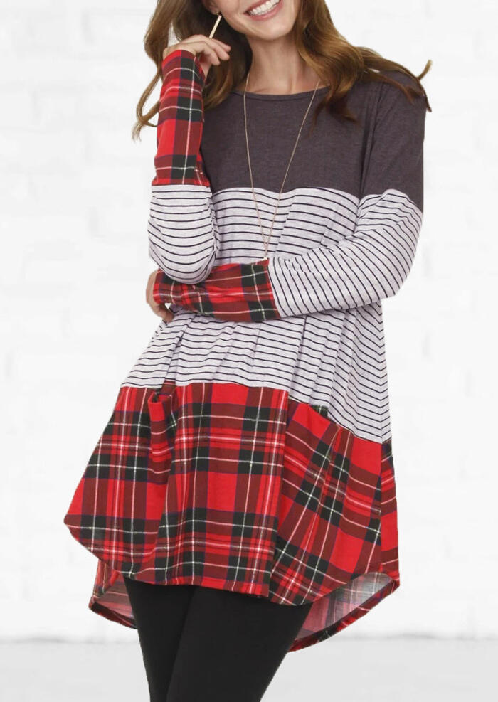 Striped Plaid Color Block Blouse without Necklace - Gray