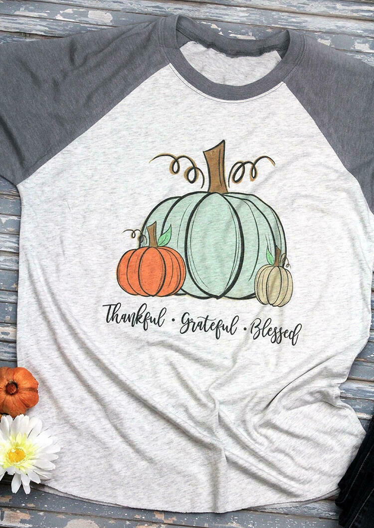 

Thankful Grateful Blessed Pumpkin T-Shirt Tee - Light Grey, 455422