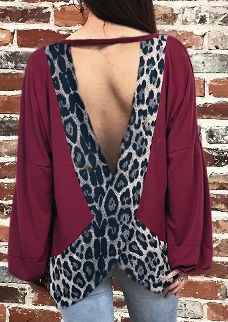 Leopard Printed Open Back Blouse - Plum