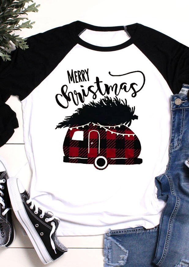 

Merry Christmas Plaid Splicing Campervan T-Shirt Tee - White, 455974