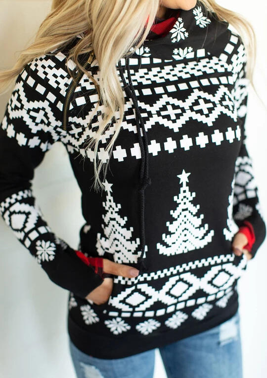 Christmas Geometric Printed Pocket Hoodie - Black