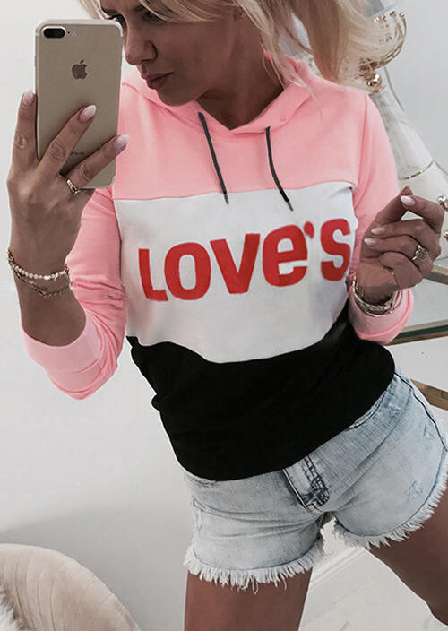 Color Block Love's Drawstring Hoodie - Pink